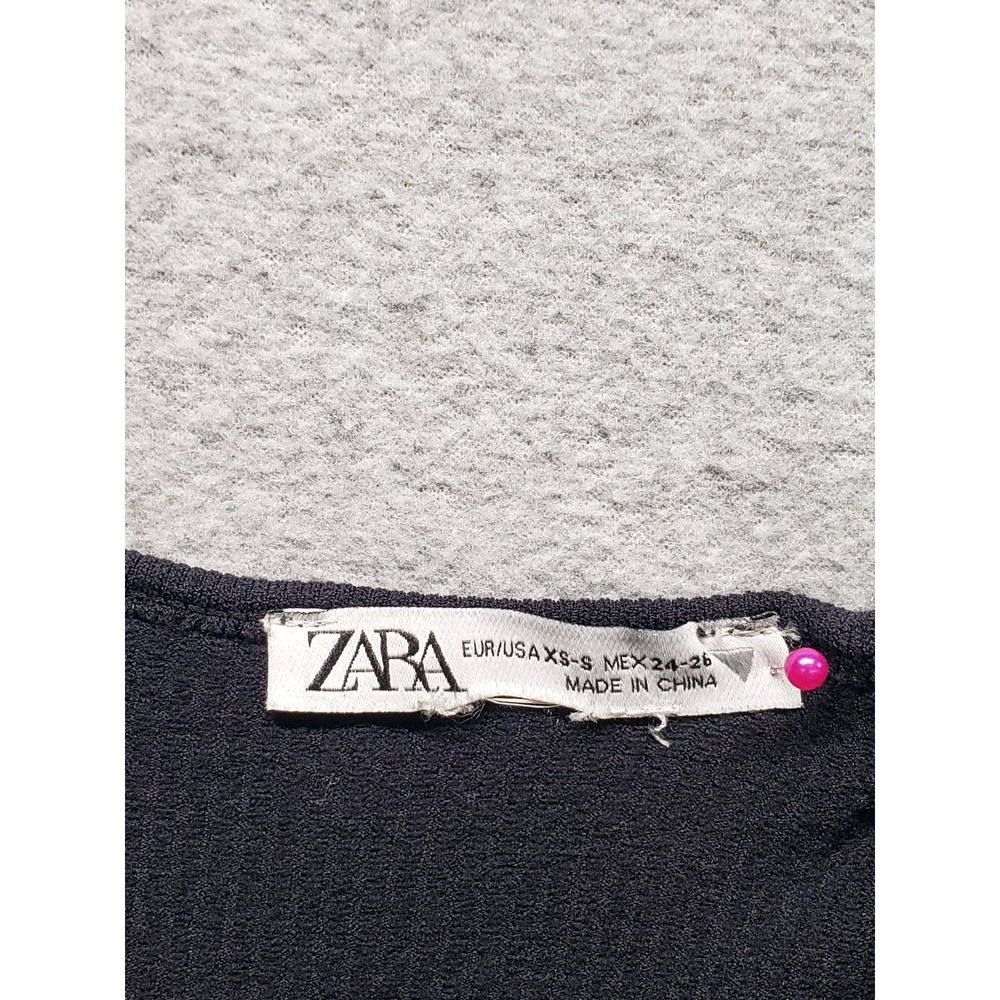 Zara Women Cropped Top XS Black Scoop Neck Long Sleeve Pullover Slim Logo Casual - Picture 6 of 16